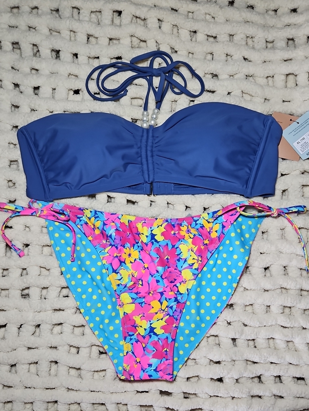 Bikini Swimsuit Set New XL Size 16 Reversible Bottom Bandeau Top Embellished